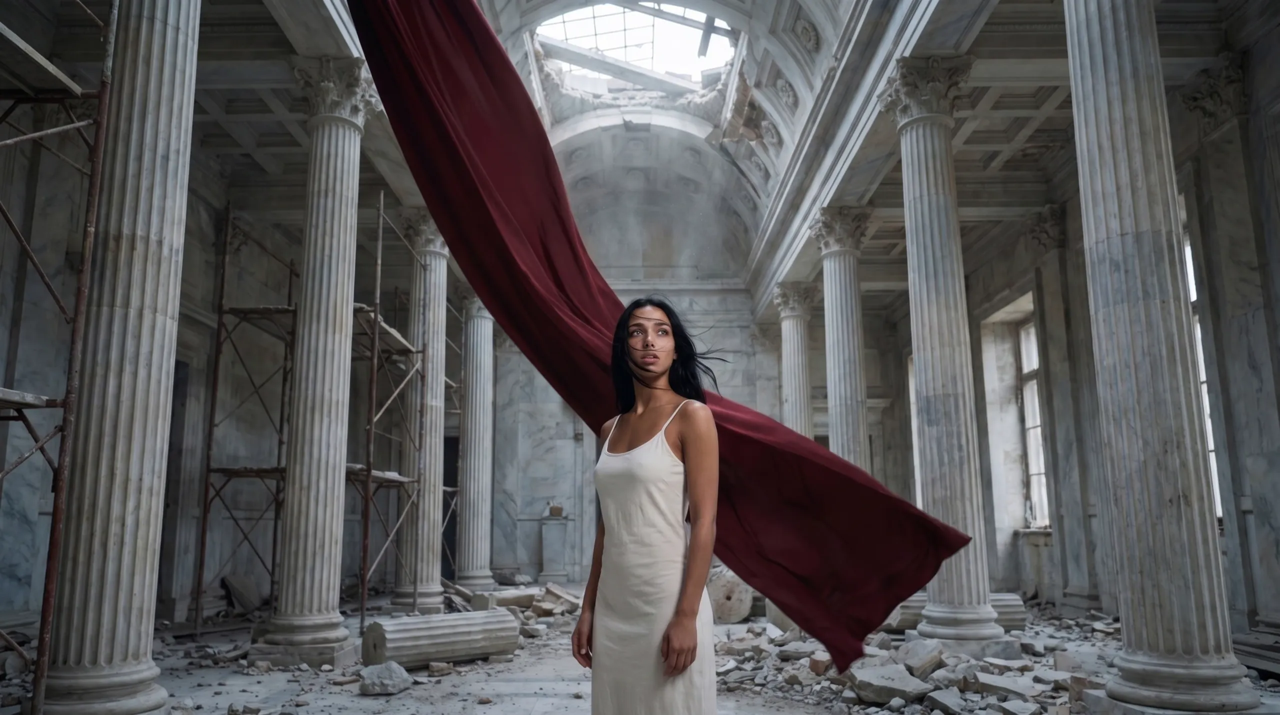 A woman in a bone-white dress in a ruined marble hall as oxblood silk pours from the skylight