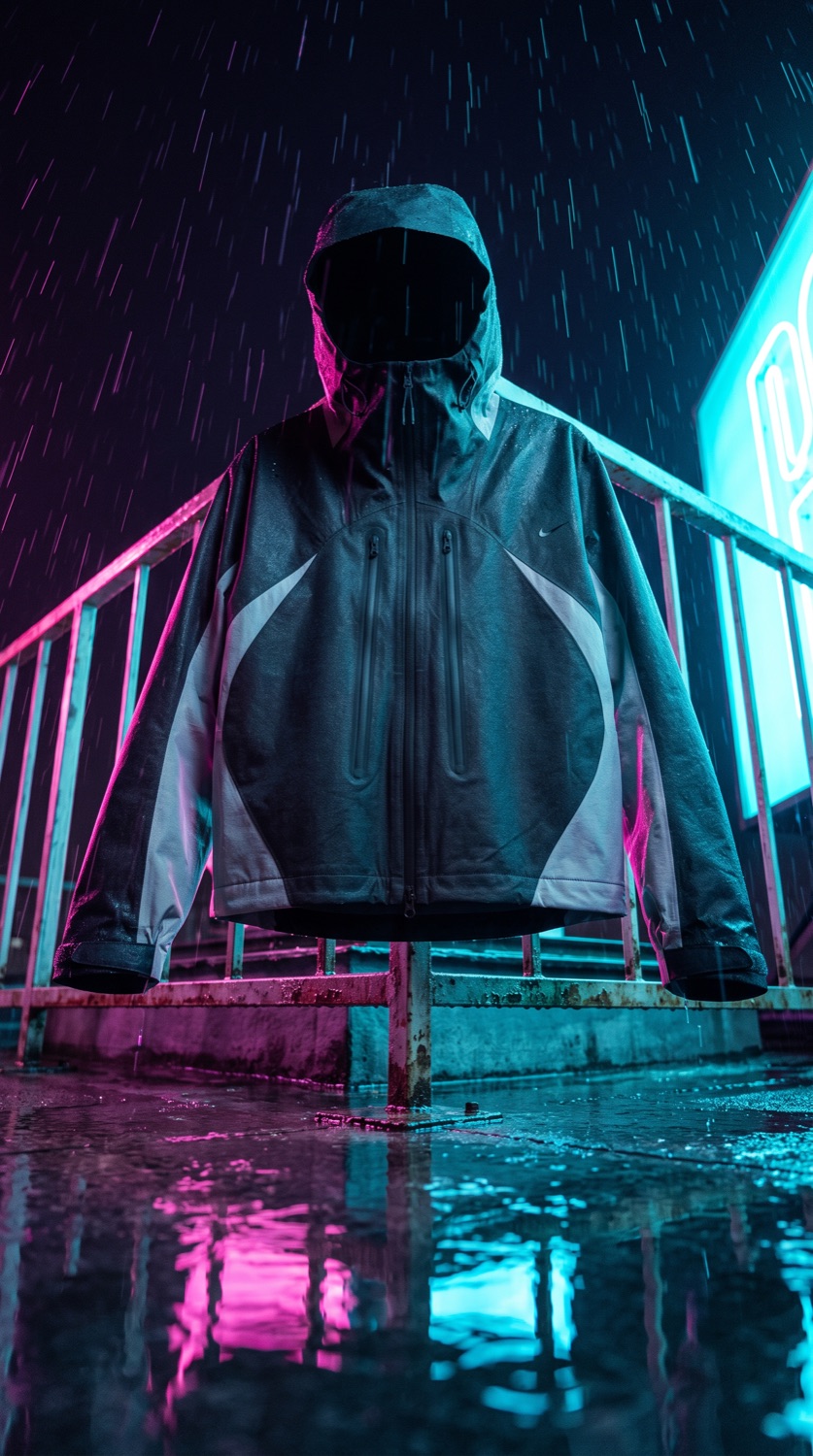 Technical shell jacket on a rainy rooftop lit by neon, product still (concept for demonstration)