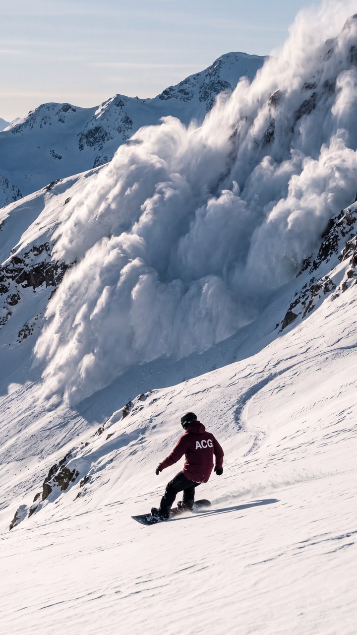 Snowboarder in a burgundy jacket carving below a rolling avalanche cloud, still from the Nike ACG concept film (concept for demonstration)
